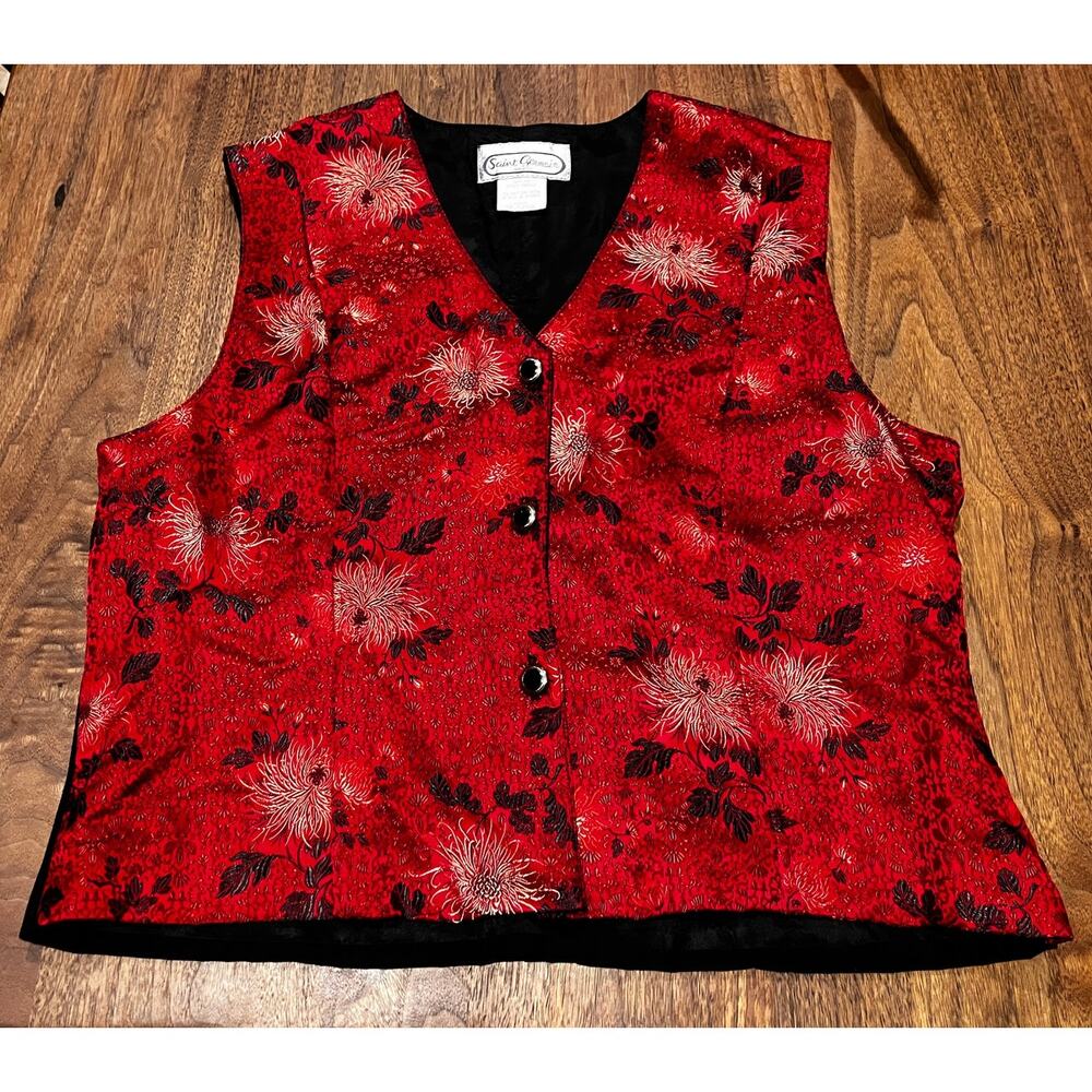 Saint Germain Paris Red Floral Button Front Vest Women's Large Made in USA